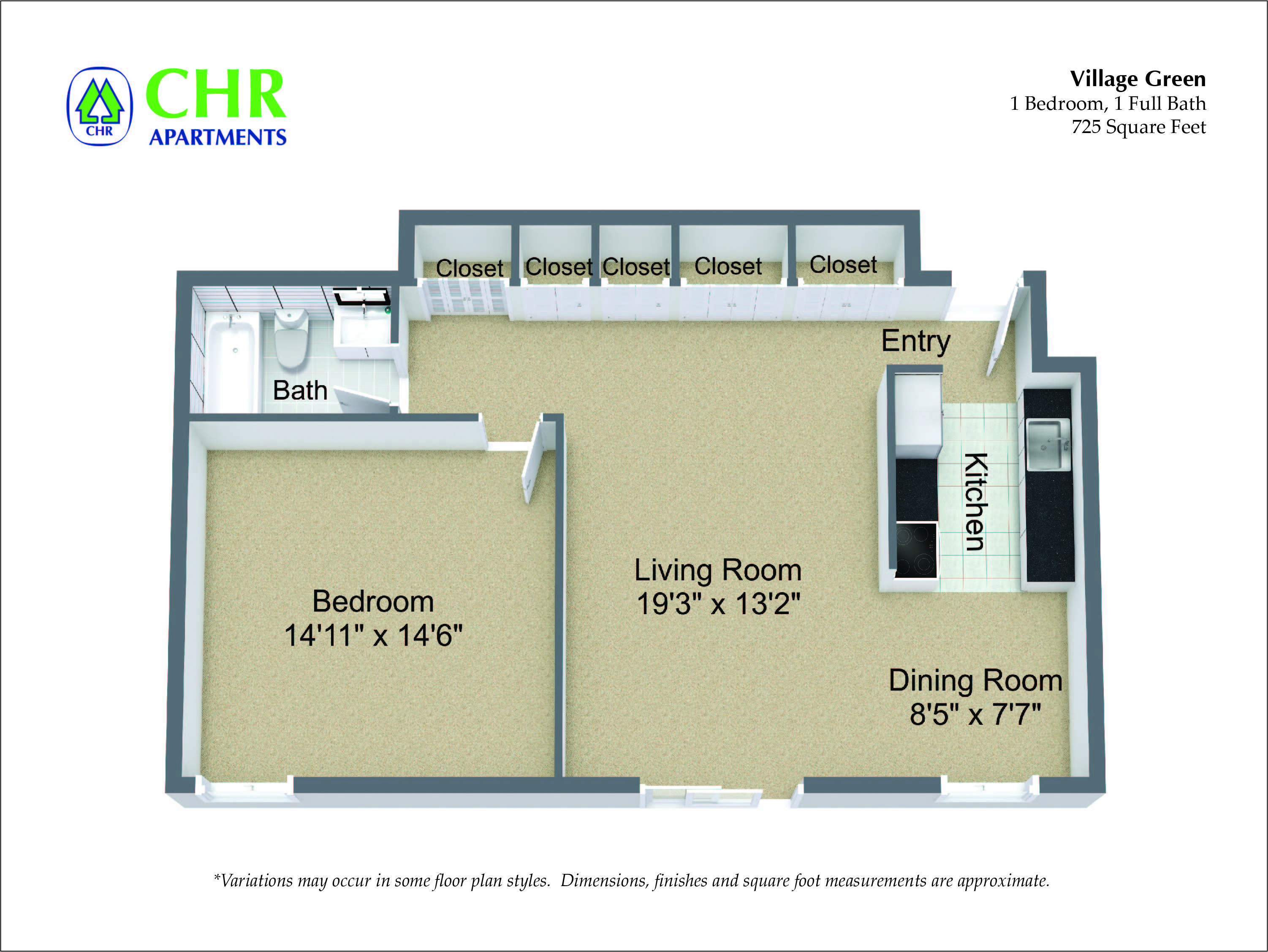 Floor plan for 1 bed, 1 bath, 725 sqft